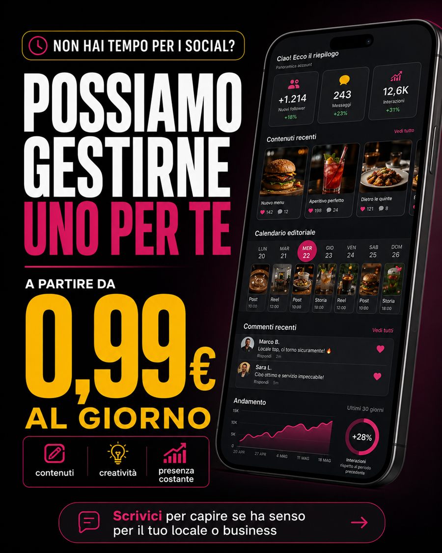 Gestione social con contenuti, creativita e presenza costante a partire da 0,99 euro al giorno