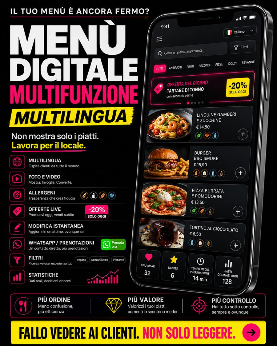 Menu digitale multifunzione multilingua per locali e ristoranti